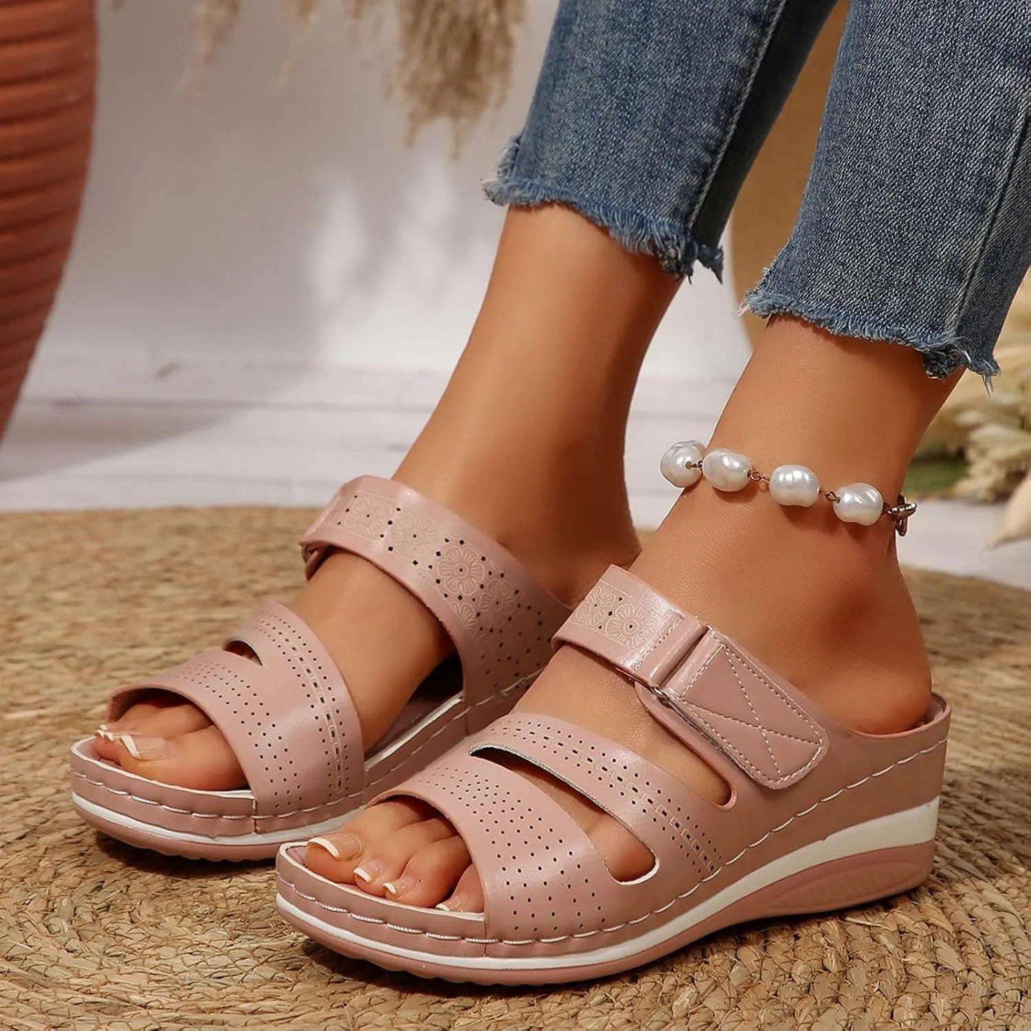 SuanlaTDS Wedge Sandals for Women Comfortable Platform Open Toe Slip On Orthopedic Sandals with Arch Support High Heels Slide Sandals Casual Summer Beach Boho Outdoor Walking Shoes
