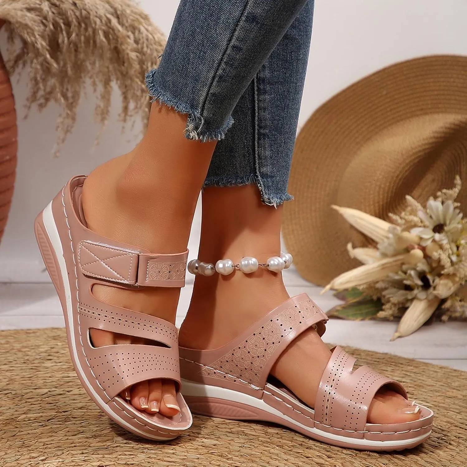 SuanlaTDS Wedge Sandals for Women Comfortable Platform Open Toe Slip On Orthopedic Sandals with Arch Support High Heels Slide Sandals Casual Summer Beach Boho Outdoor Walking Shoes