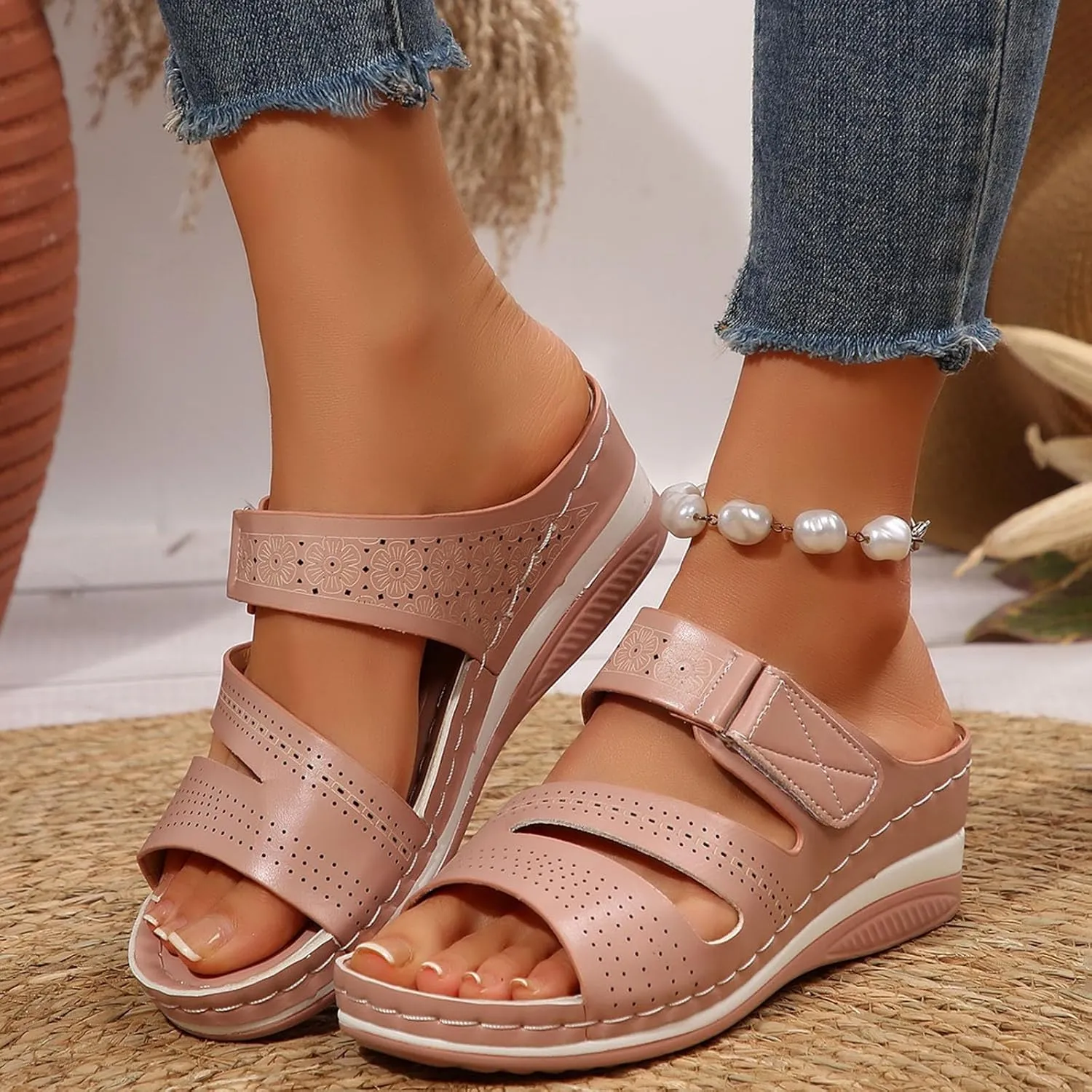 SuanlaTDS Wedge Sandals for Women Comfortable Platform Open Toe Slip On Orthopedic Sandals with Arch Support High Heels Slide Sandals Casual Summer Beach Boho Outdoor Walking Shoes
