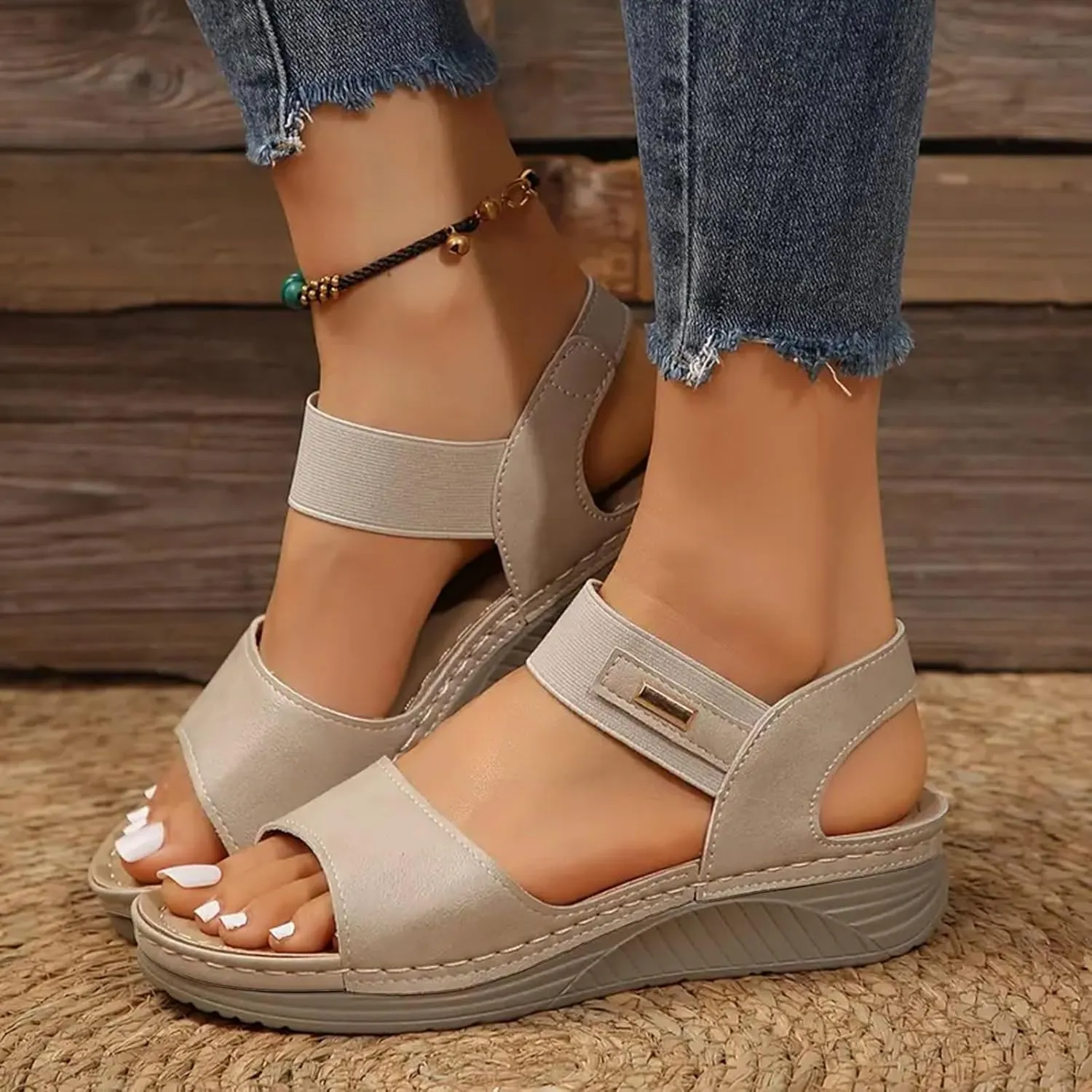 SuanlaTDS Wedge Sandals for Women Dressy Summer Open Toe Platform Wedges Adjustable Ankle Strap Comfortable Walking Shoes with Arch Support Boho Casual Low Heels Outdoor Sandals