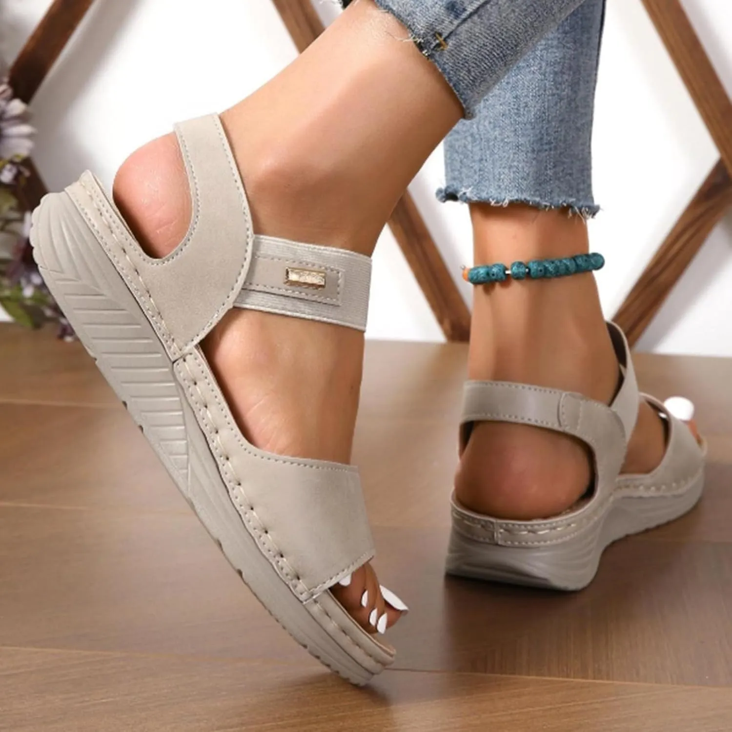 SuanlaTDS Wedge Sandals for Women Dressy Summer Open Toe Platform Wedges Adjustable Ankle Strap Comfortable Walking Shoes with Arch Support Boho Casual Low Heels Outdoor Sandals
