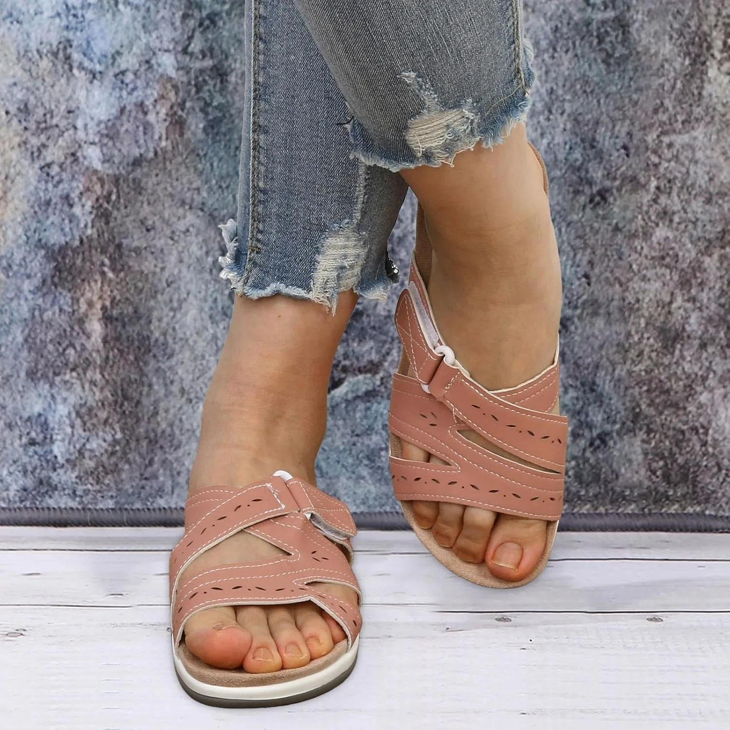 SuanlaTDS Women's Comfortable Orthopedic Sandals with Arch Support Adjustable Open Toe Orthotic Walking Shoes Flat Outdoor Casual Summer Beach Boho Platform Low Heels Slide Sandals