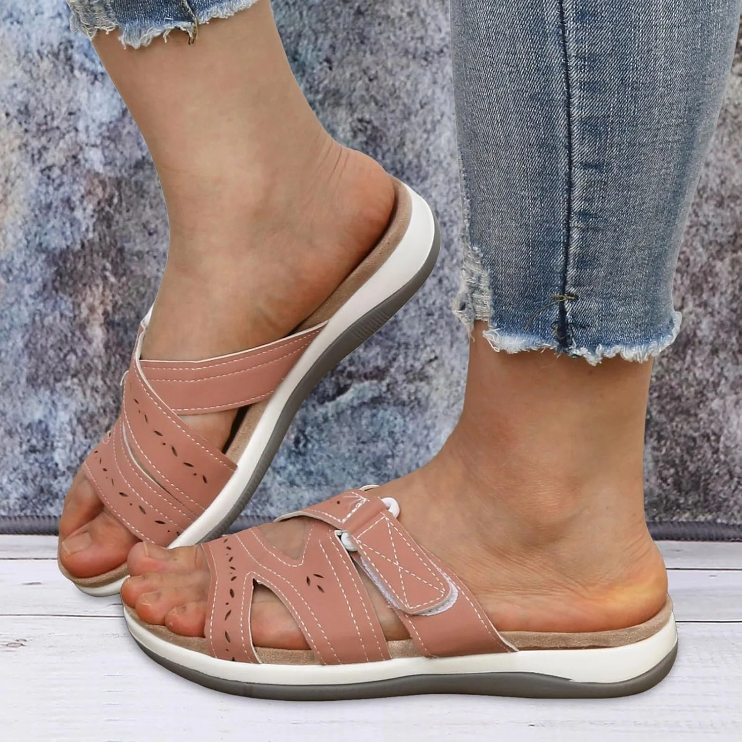 SuanlaTDS Women's Comfortable Orthopedic Sandals with Arch Support Adjustable Open Toe Orthotic Walking Shoes Flat Outdoor Casual Summer Beach Boho Platform Low Heels Slide Sandals