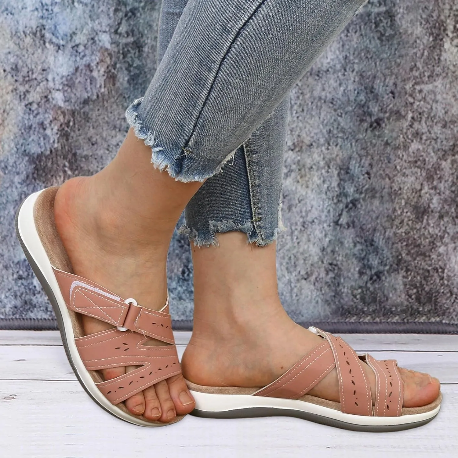 SuanlaTDS Women's Comfortable Orthopedic Sandals with Arch Support Adjustable Open Toe Orthotic Walking Shoes Flat Outdoor Casual Summer Beach Boho Platform Low Heels Slide Sandals