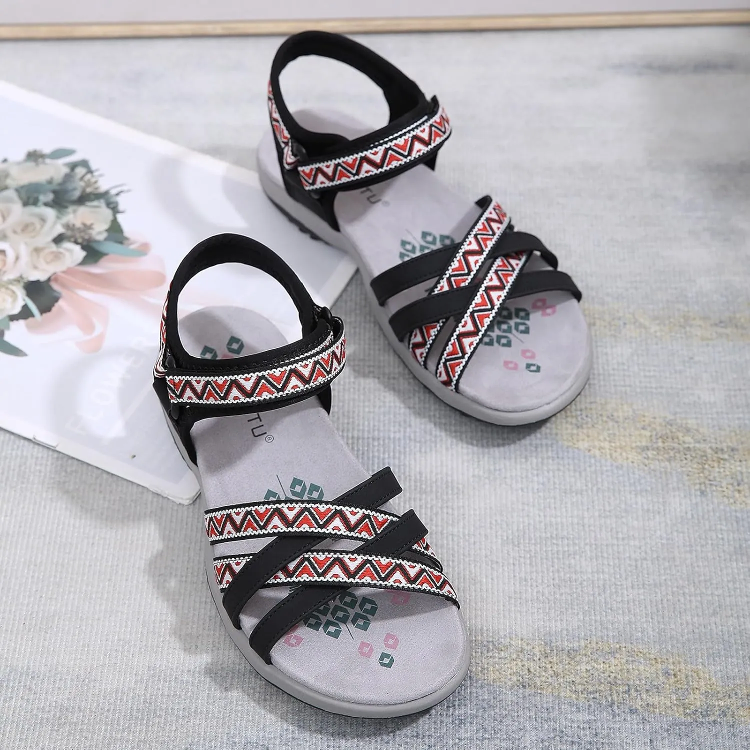 SuanlaTDS Womens Flat Sandals Comfortable Arch Support Wedge Low Heels Orthopedic Sandals Lightweight Summer Beach Boho Platform Adjustable Ankle Strap Wedges Outdoor Walking Shoes