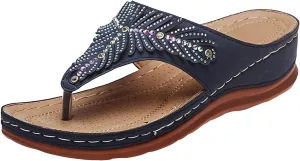 SuanlaTDS Women's Wedge Sandals Platform Comfortable Flip Flops Rhinestone Open Toe Thong Arch Support Comfort Beach Boho Slip On Orthopedic Sandals Elegant High Heels Dress Party Shoes