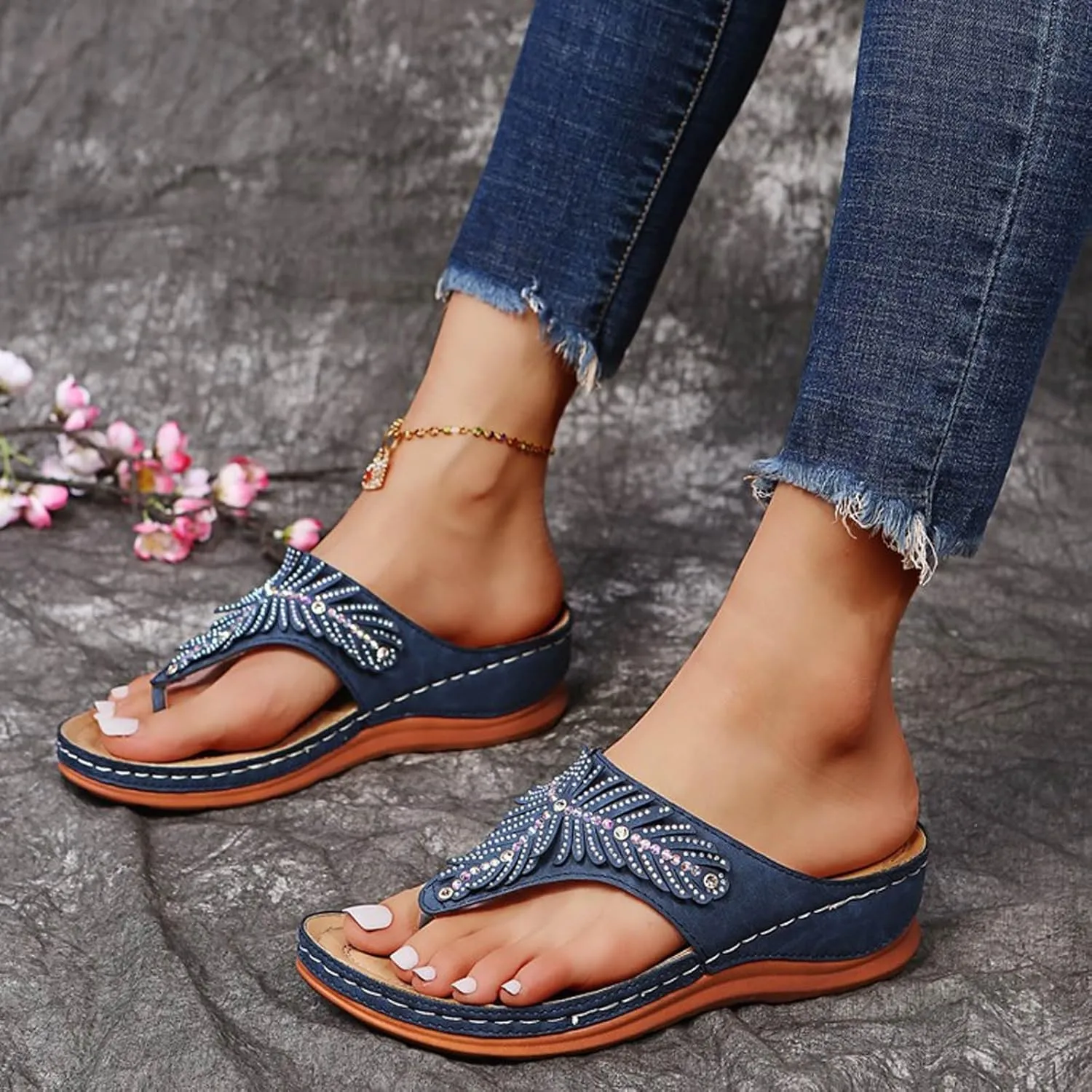 SuanlaTDS Women's Wedge Sandals Platform Comfortable Flip Flops Rhinestone Open Toe Thong Arch Support Comfort Beach Boho Slip On Orthopedic Sandals Elegant High Heels Dress Party Shoes