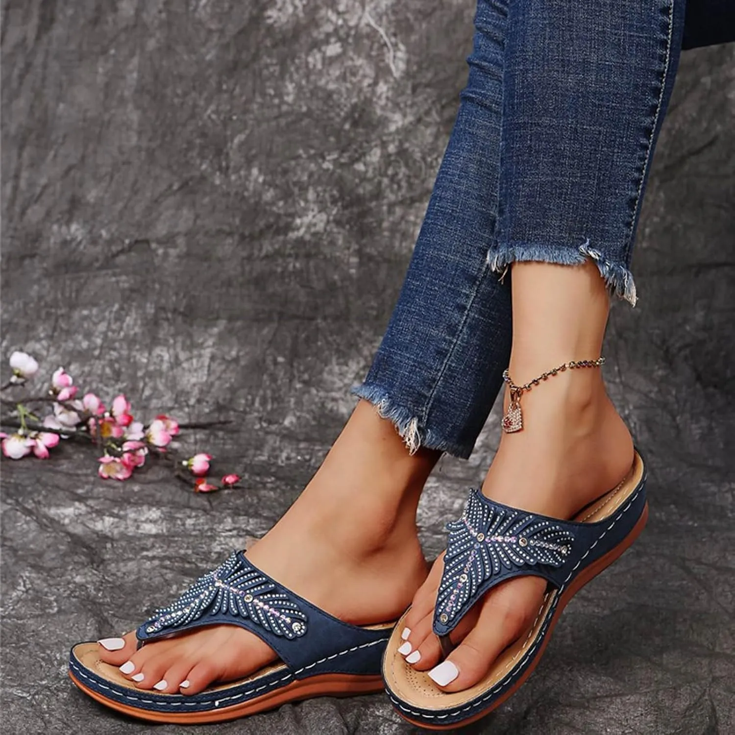 SuanlaTDS Women's Wedge Sandals Platform Comfortable Flip Flops Rhinestone Open Toe Thong Arch Support Comfort Beach Boho Slip On Orthopedic Sandals Elegant High Heels Dress Party Shoes