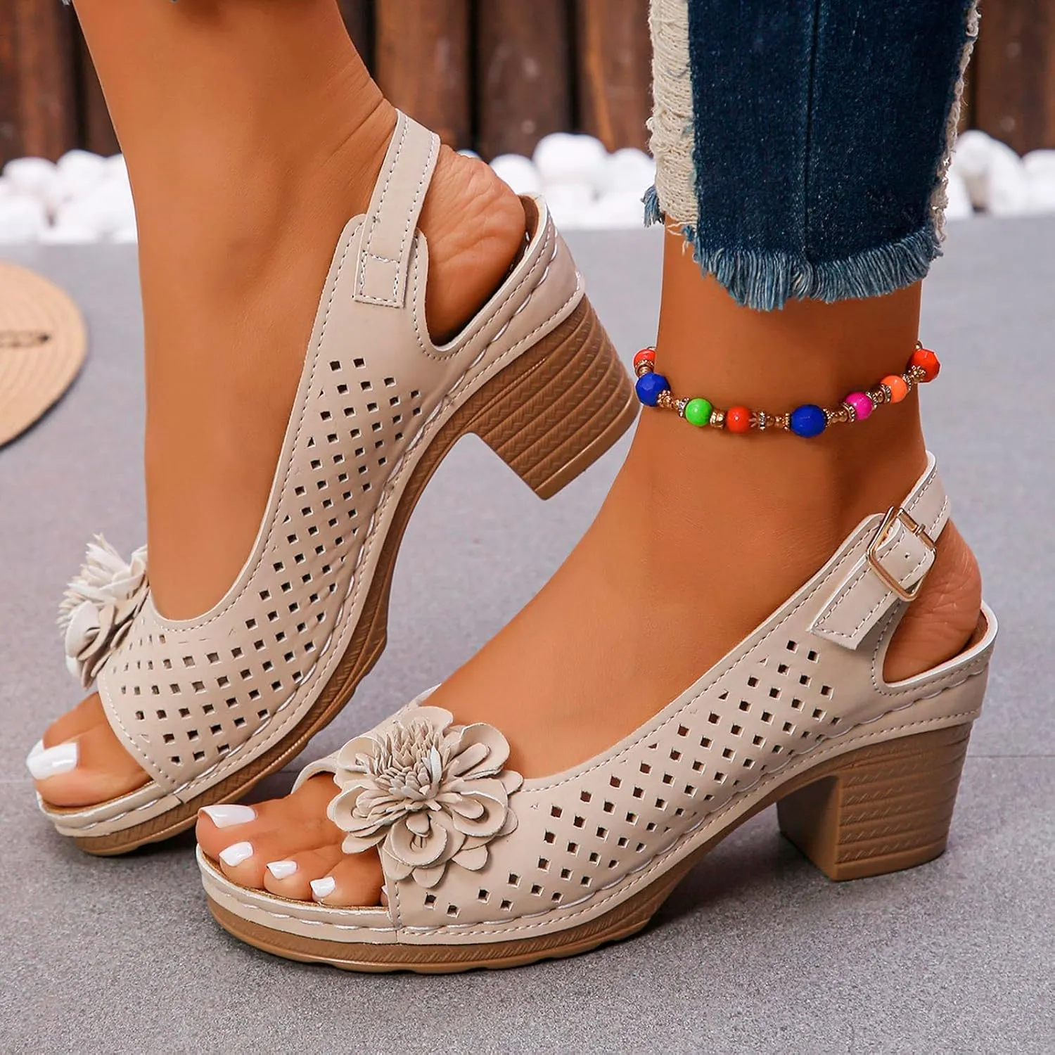 Summer Sandals for Women Open Toe Ankle Strap Chunky High Heels Sandals Peep Flowers Hollow Out Sandal Chunky Block Dress Adjustable Strappy Shoes Lightweight Platform Wedge Fashion Footwear