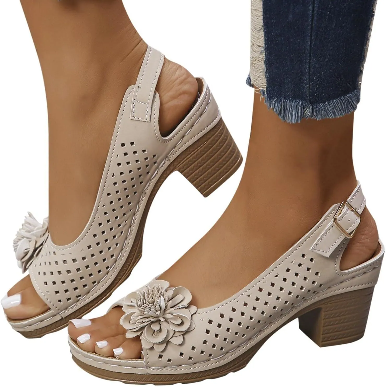 Summer Sandals for Women Open Toe Ankle Strap Chunky High Heels Sandals Peep Flowers Hollow Out Sandal Chunky Block Dress Adjustable Strappy Shoes Lightweight Platform Wedge Fashion Footwear