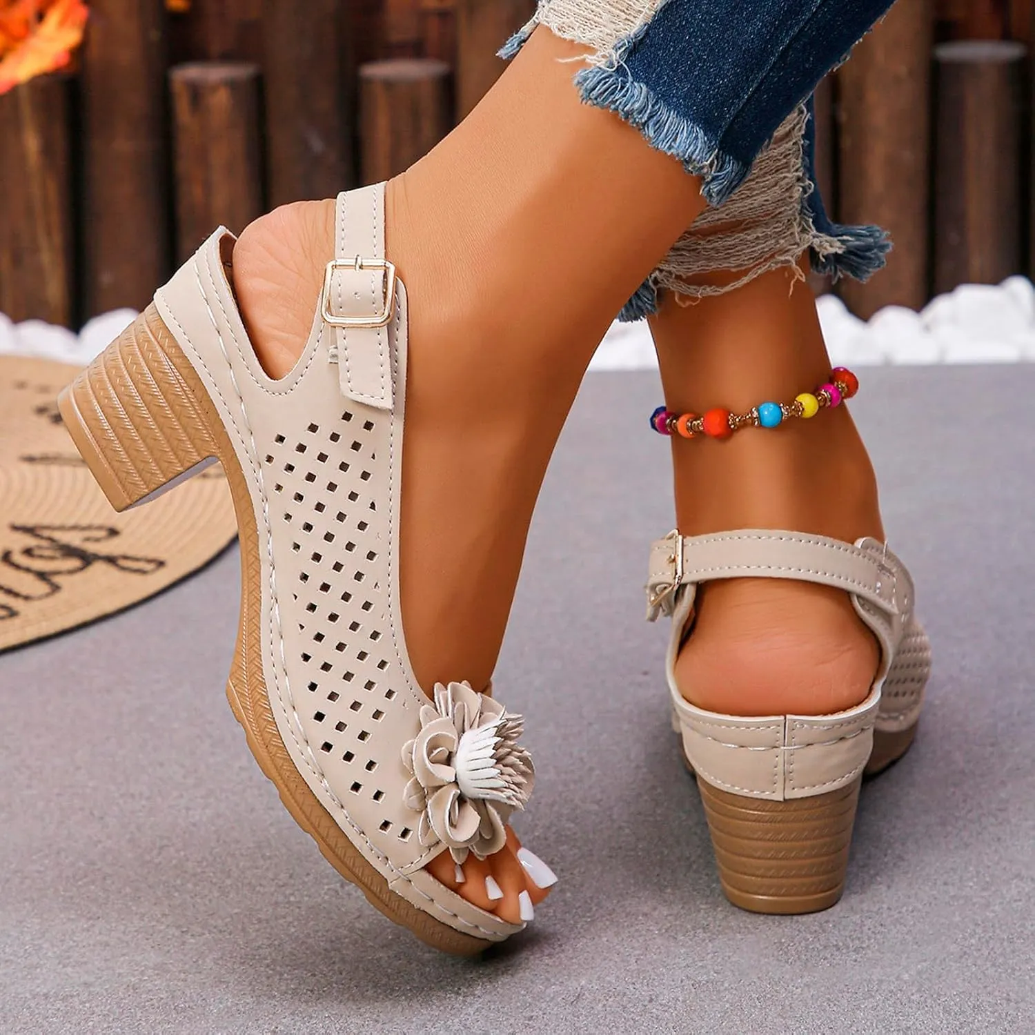 Summer Sandals for Women Open Toe Ankle Strap Chunky High Heels Sandals Peep Flowers Hollow Out Sandal Chunky Block Dress Adjustable Strappy Shoes Lightweight Platform Wedge Fashion Footwear