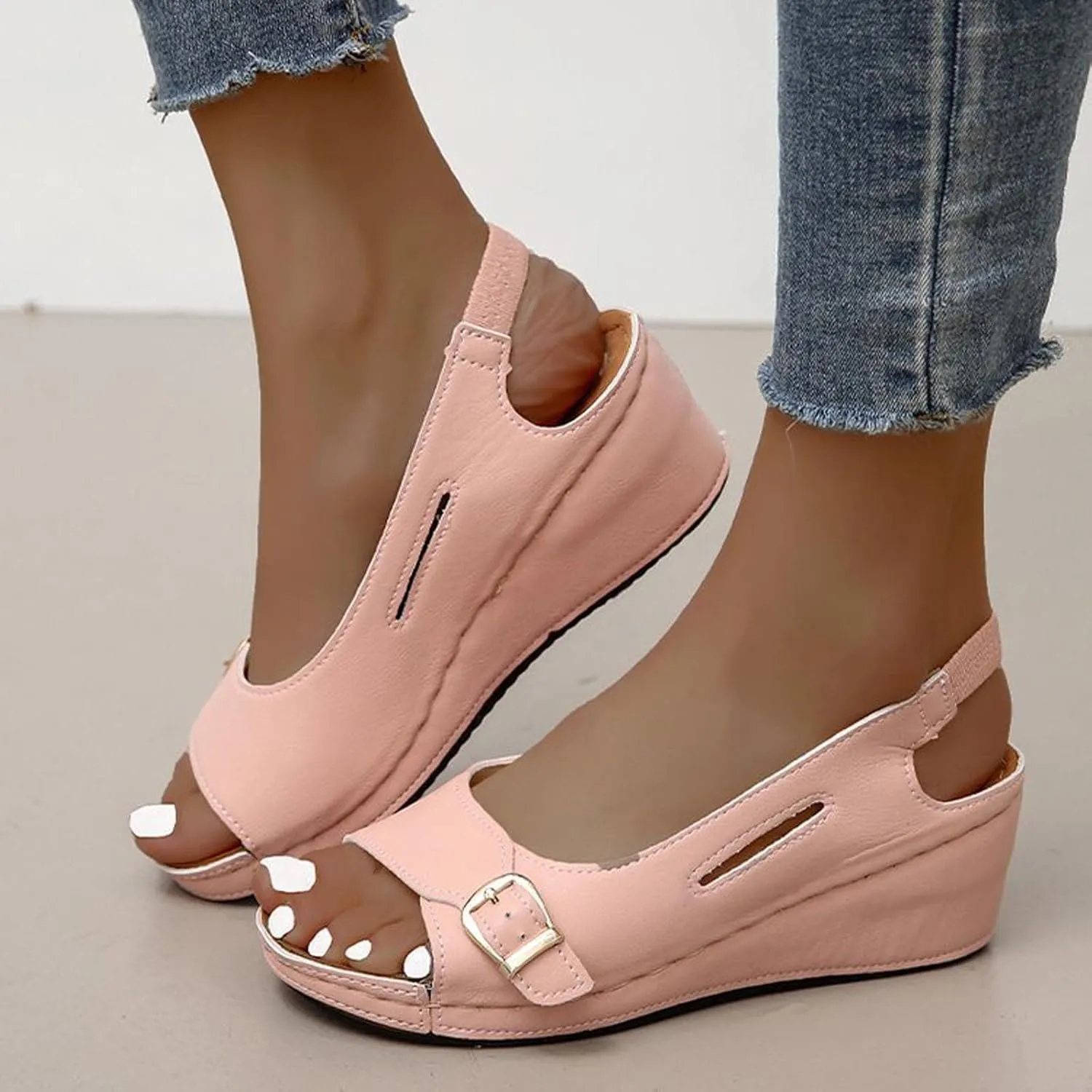 Summer Wedge Sandals for Women,Fashion Casual Fish Mouth Open Toe Buckle Hollow Roman Sandals Solid Comfortable Outdoor Ladies Shoes Sandalias