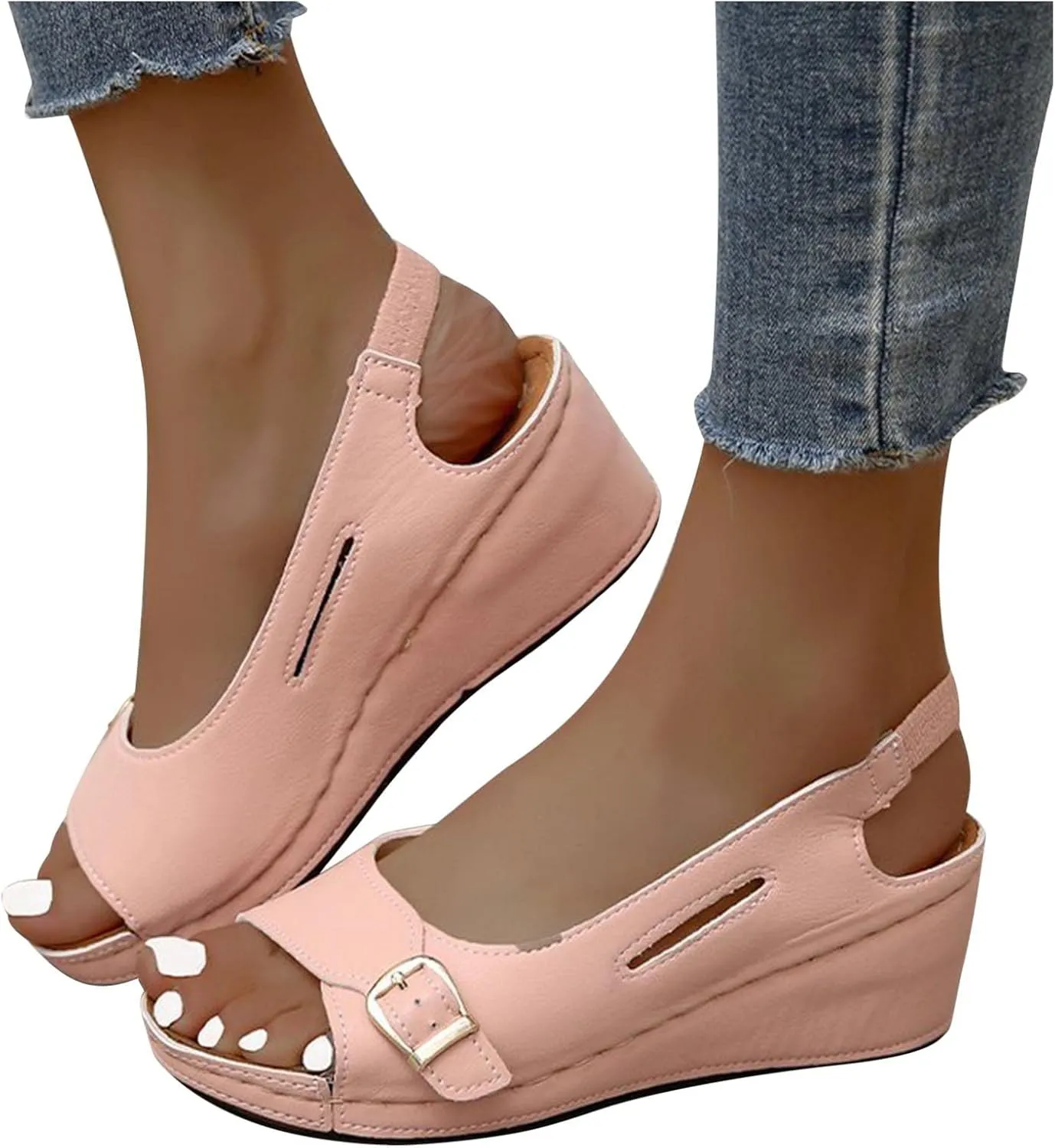 Summer Wedge Sandals for Women,Fashion Casual Fish Mouth Open Toe Buckle Hollow Roman Sandals Solid Comfortable Outdoor Ladies Shoes Sandalias
