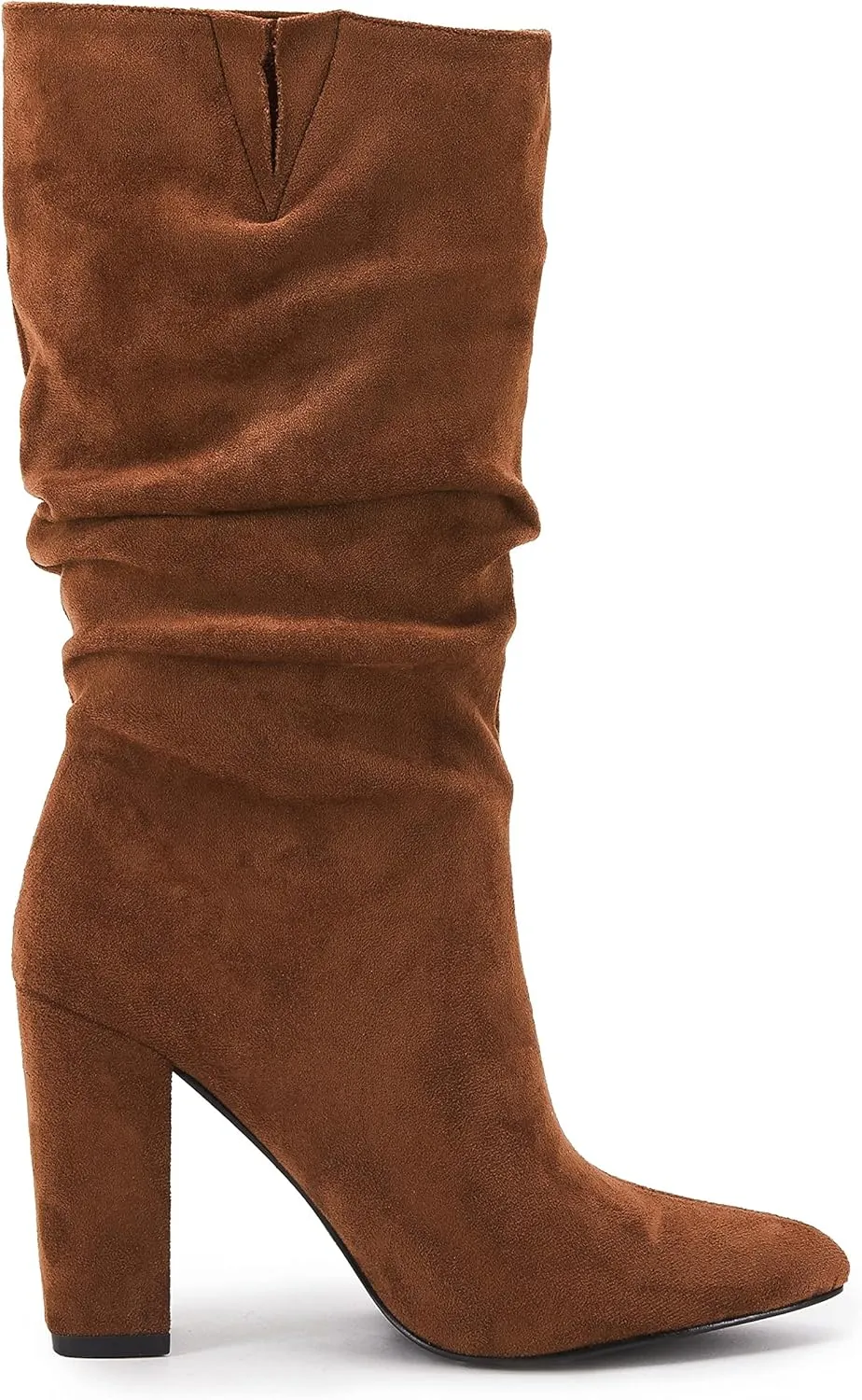 Syktkmx Womens Winter Slouchy High Heel Boots Mid Calf Suede Slip on Chunky Block Pointed Toe Boots