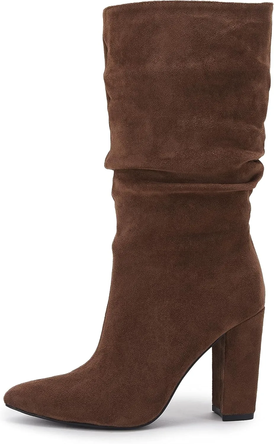Syktkmx Womens Winter Slouchy High Heel Boots Mid Calf Suede Slip on Chunky Block Pointed Toe Boots