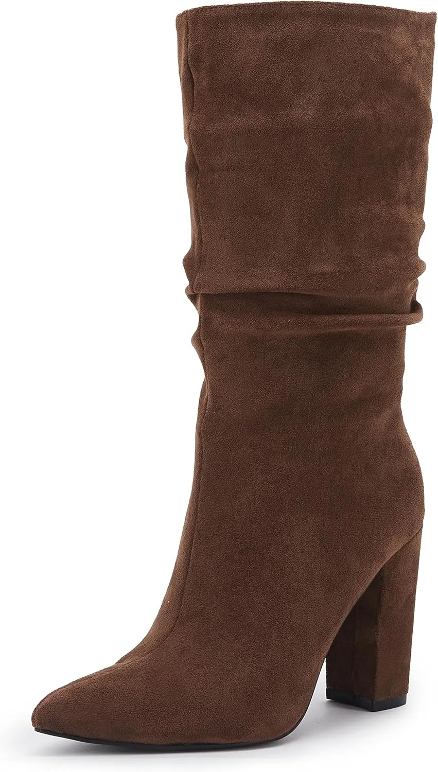 Syktkmx Womens Winter Slouchy High Heel Boots Mid Calf Suede Slip on Chunky Block Pointed Toe Boots