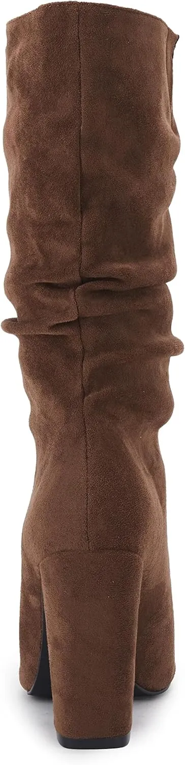 Syktkmx Womens Winter Slouchy High Heel Boots Mid Calf Suede Slip on Chunky Block Pointed Toe Boots