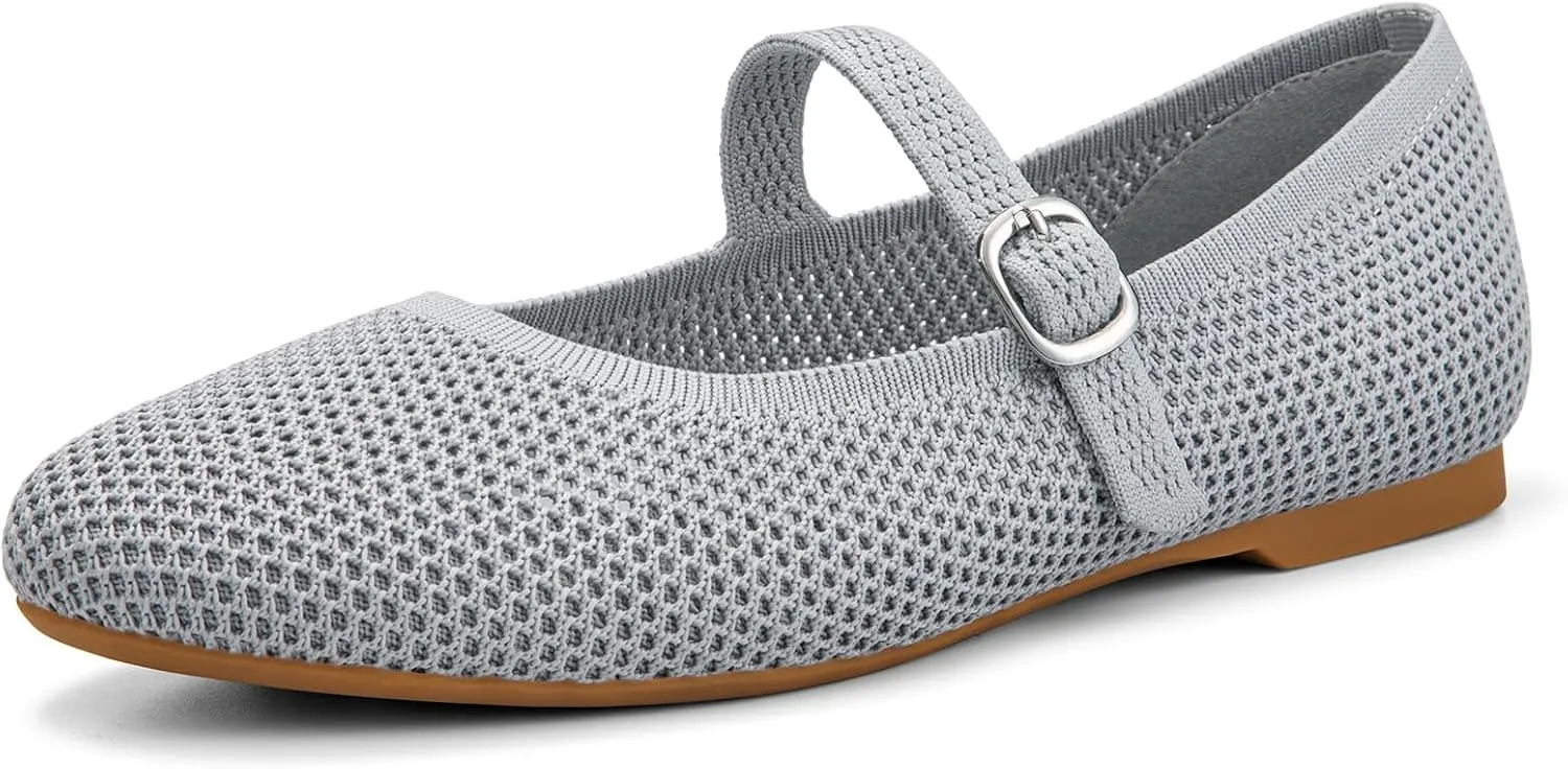 Tanamo Mary Jane Shoes Flats for Women Round Toe Shoes Ballet Flats Comfortable Dressy Adjustable Straps Casual Office Work Wedding Washable Knit Slip On