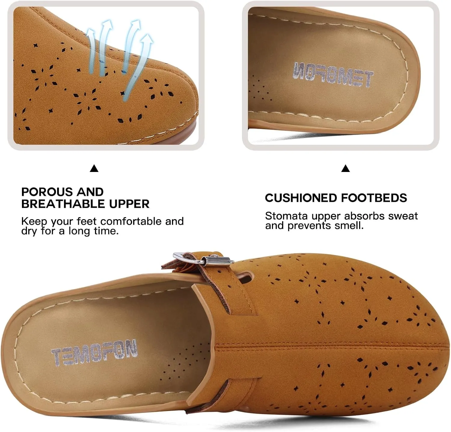 TEMOFON Clogs for Women Mules Shoes: Comfortable Arch Support Closed Toe Sandals Backless Low Wedge Slip on Shoes
