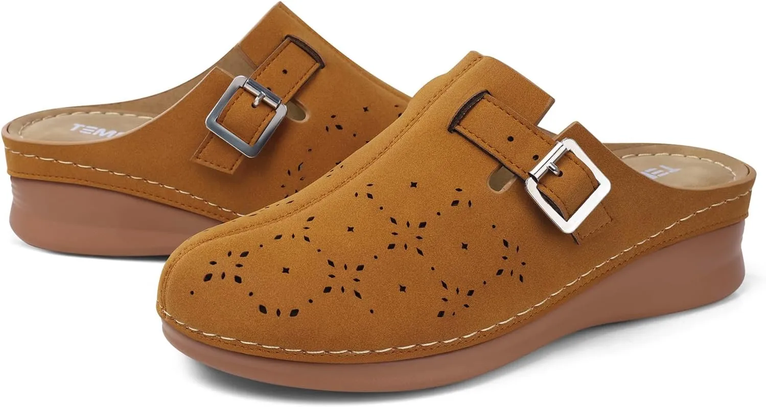 TEMOFON Clogs for Women Mules Shoes: Comfortable Arch Support Closed Toe Sandals Backless Low Wedge Slip on Shoes