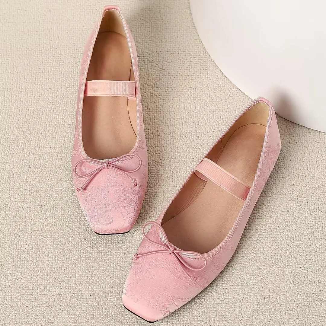 TN TANGNEST Leather Flats for Women Comfortable Square Toe Bowknot Ballet Flats Retro Slip On Mary Jane Flats
