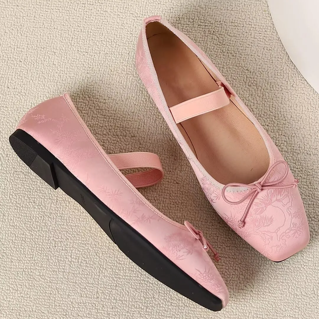 TN TANGNEST Leather Flats for Women Comfortable Square Toe Bowknot Ballet Flats Retro Slip On Mary Jane Flats