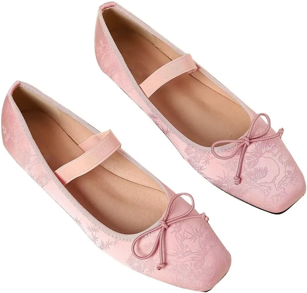 TN TANGNEST Leather Flats for Women Comfortable Square Toe Bowknot Ballet Flats Retro Slip On Mary Jane Flats
