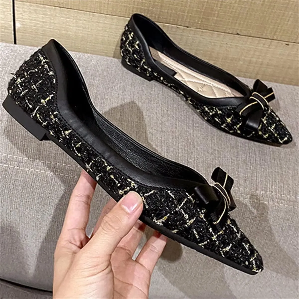 TN TANGNEST Women's Bow Flats Elegant Plaid Pointed Toe Ballet Shoes Slip on Flat Shoes