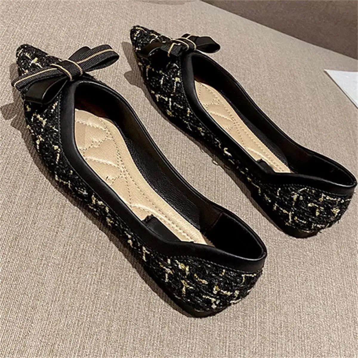 TN TANGNEST Women's Bow Flats Elegant Plaid Pointed Toe Ballet Shoes Slip on Flat Shoes