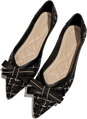 TN TANGNEST Women's Bow Flats Elegant Plaid Pointed Toe Ballet Shoes Slip on Flat Shoes