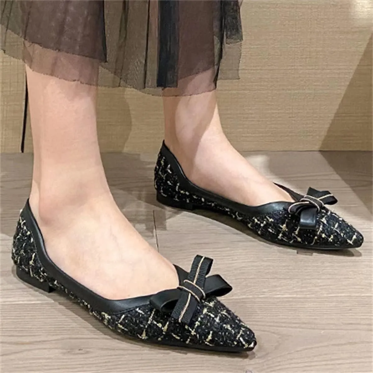 TN TANGNEST Women's Bow Flats Elegant Plaid Pointed Toe Ballet Shoes Slip on Flat Shoes