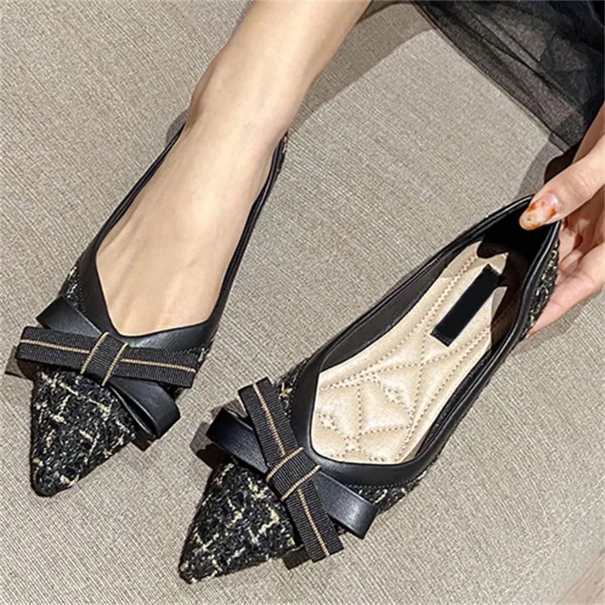 TN TANGNEST Women's Bow Flats Elegant Plaid Pointed Toe Ballet Shoes Slip on Flat Shoes
