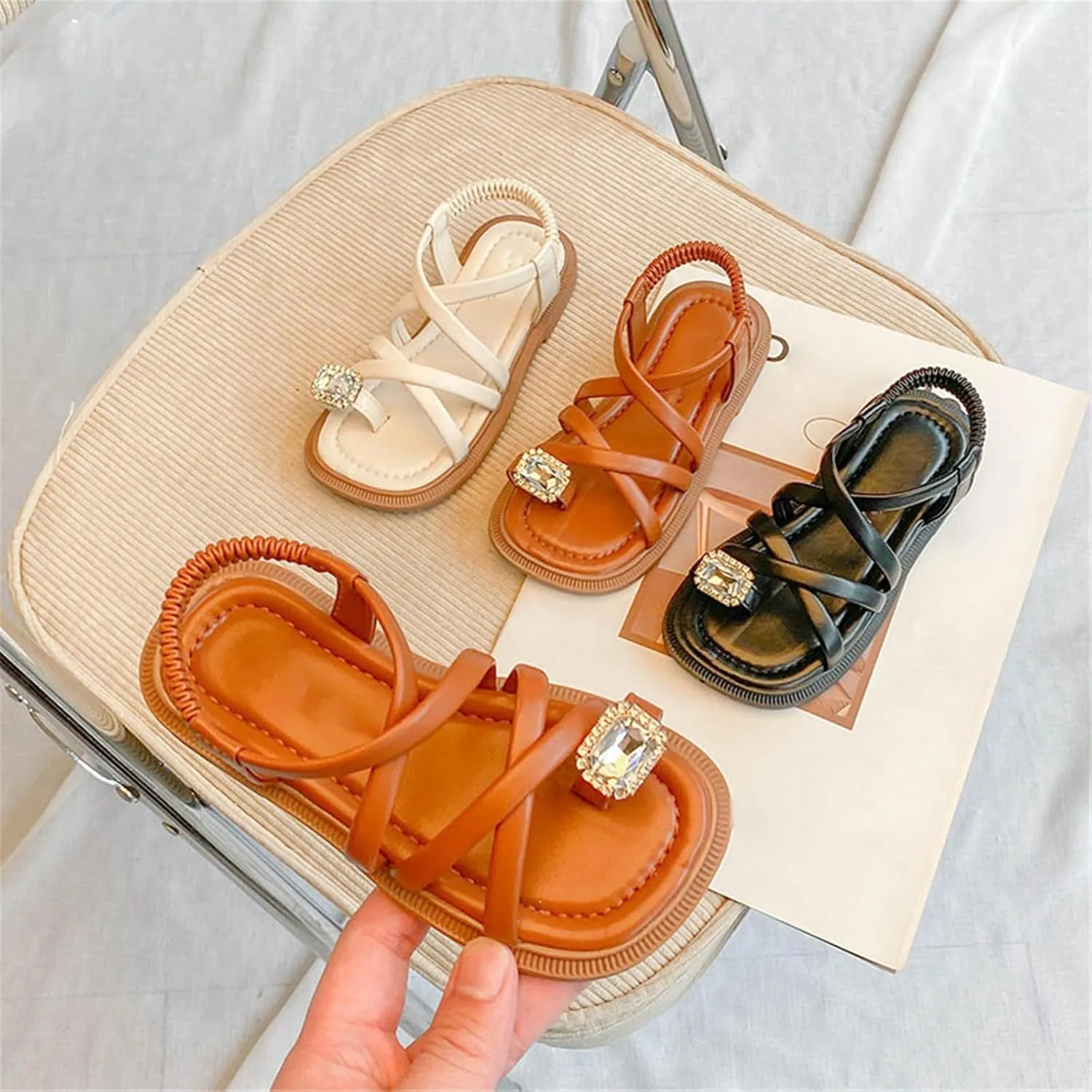 Toddler Girl Sandals Open Toe Elastic Ankle Strap Dress Shoes Summer Beach Ring Toe Strappy Flat Sandal For Infant
