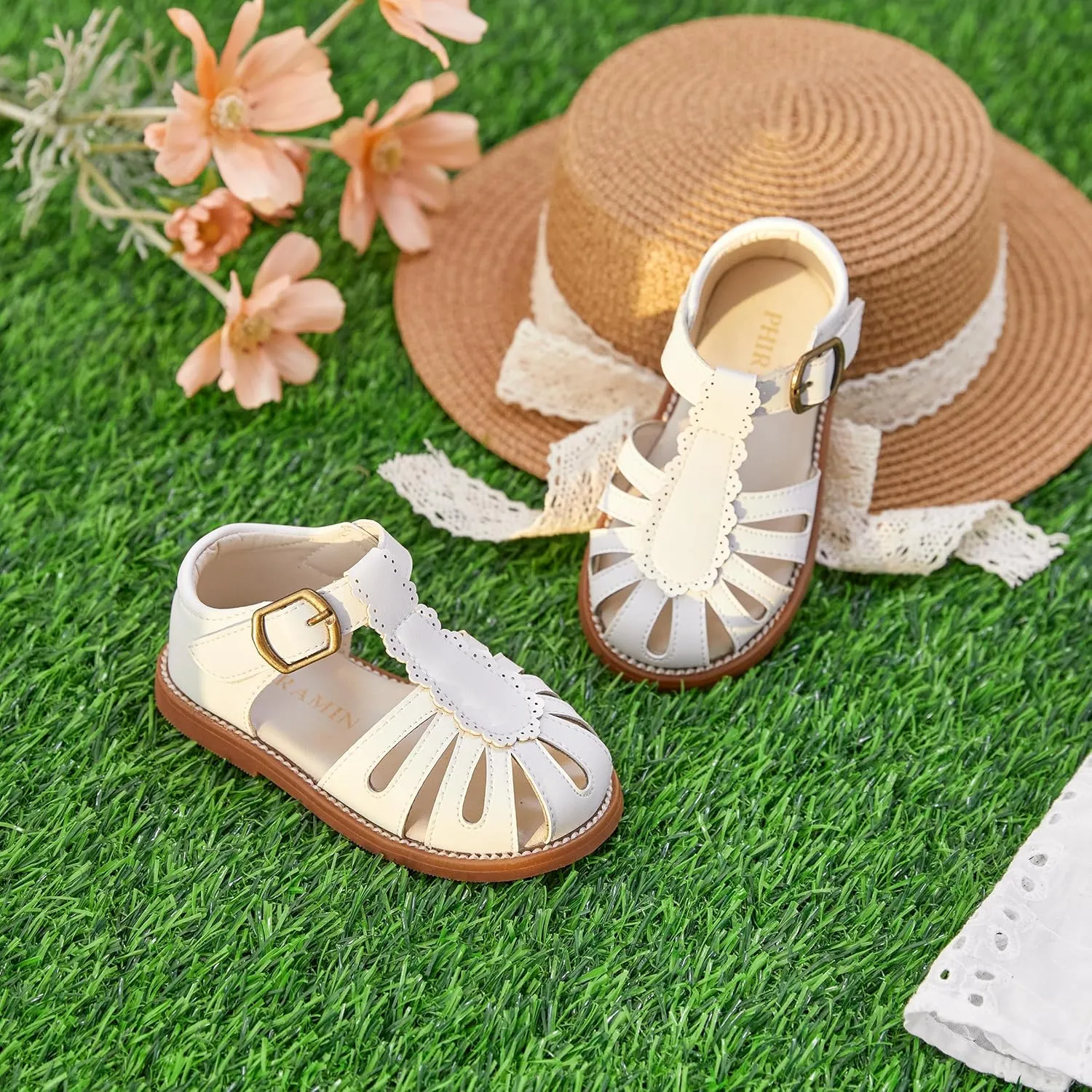 Toddler Little Girl Summer Sandals - Flower Girl Close Toe Dress Shoes Flats Wedding Princess