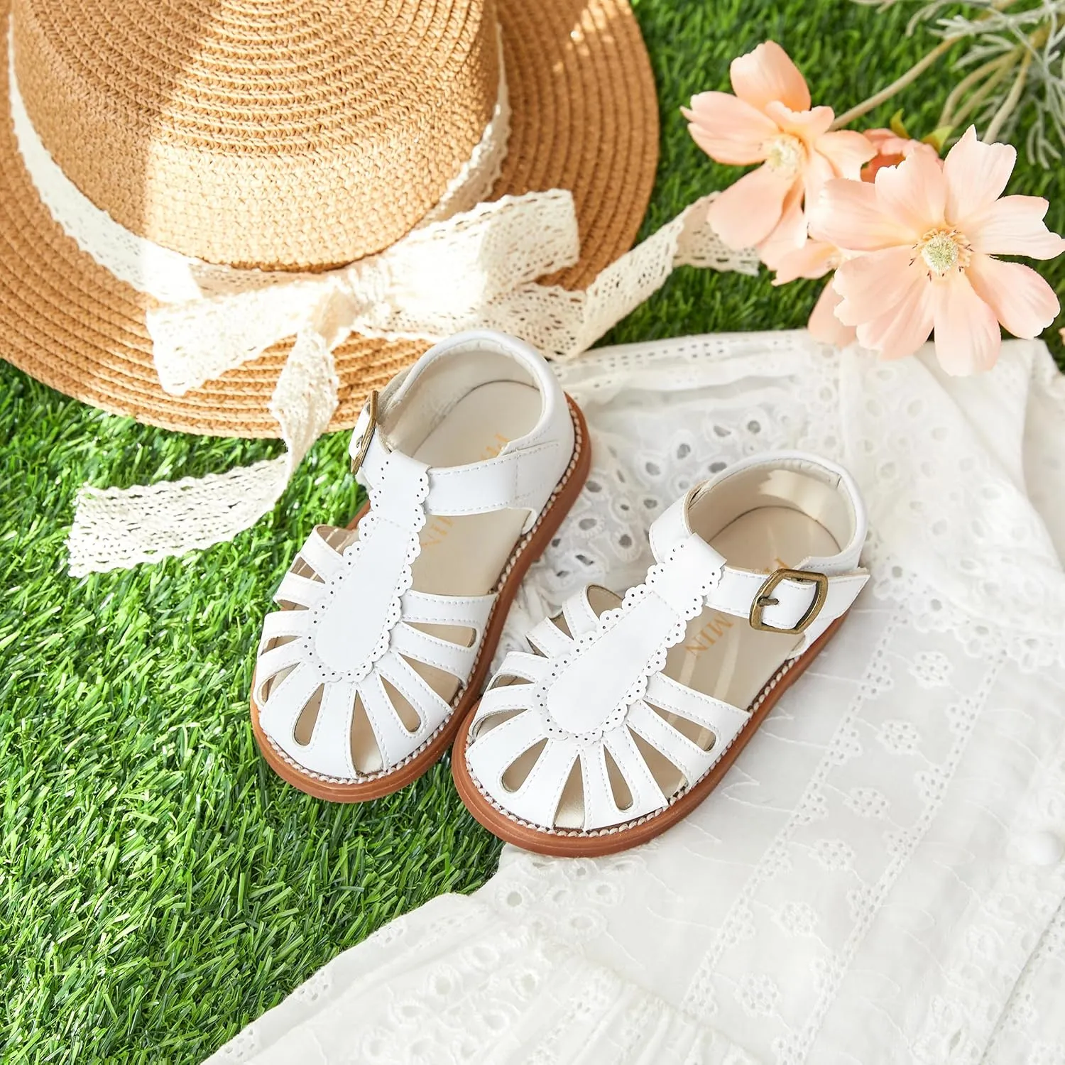 Toddler Little Girl Summer Sandals - Flower Girl Close Toe Dress Shoes Flats Wedding Princess