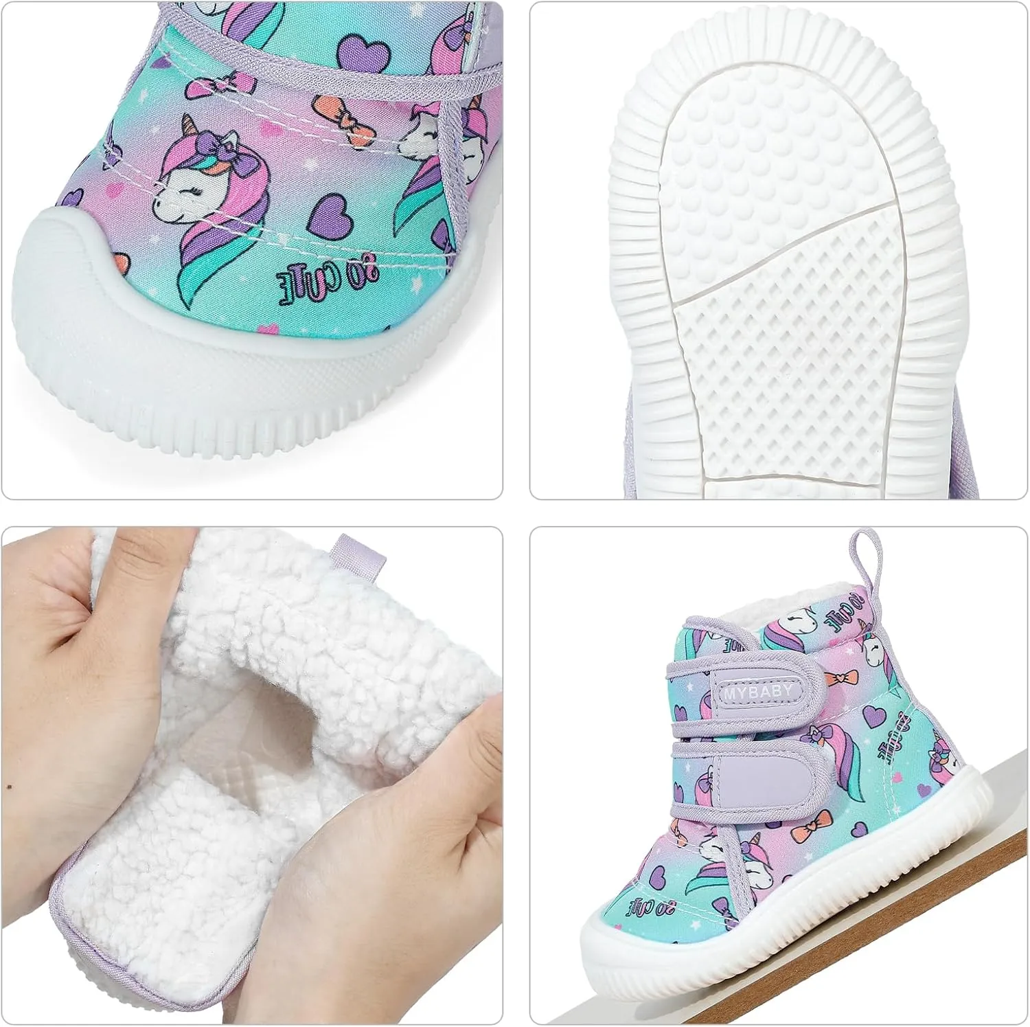 Toddler Snow Boots Double Strap Winter Warm Shoes Baby Faux Fur Lining Soft Fleece Booties with Non-Slip Sole