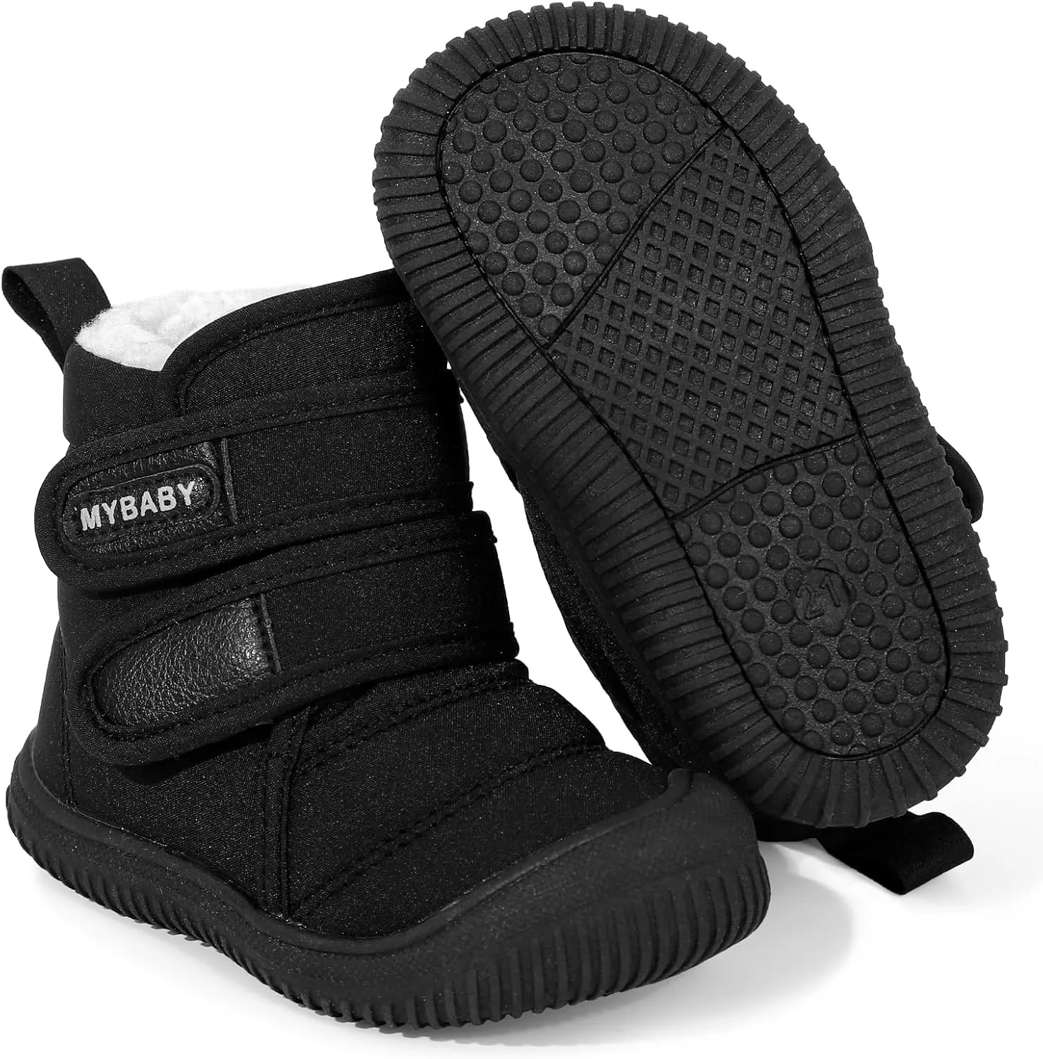 Toddler Snow Boots Double Strap Winter Warm Shoes Baby Faux Fur Lining Soft Fleece Booties with Non-Slip Sole