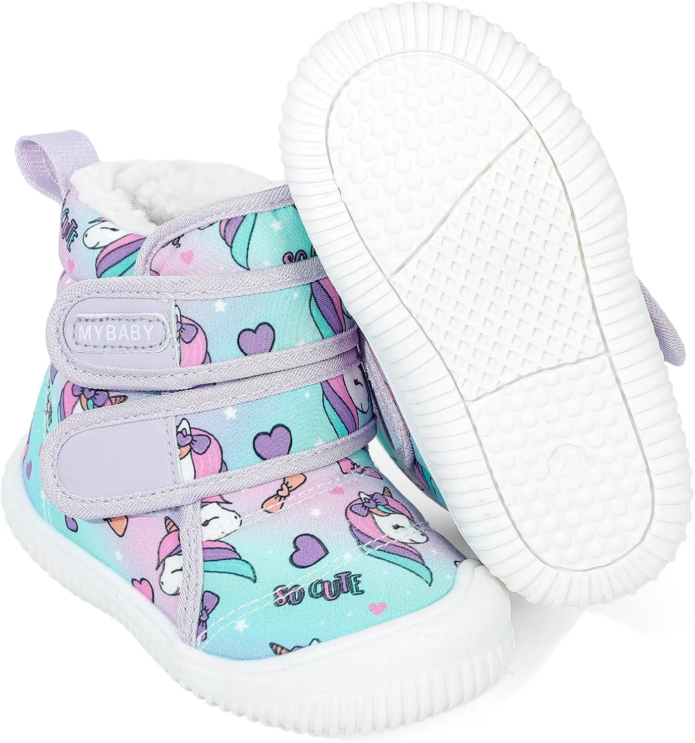 Toddler Snow Boots Double Strap Winter Warm Shoes Baby Faux Fur Lining Soft Fleece Booties with Non-Slip Sole
