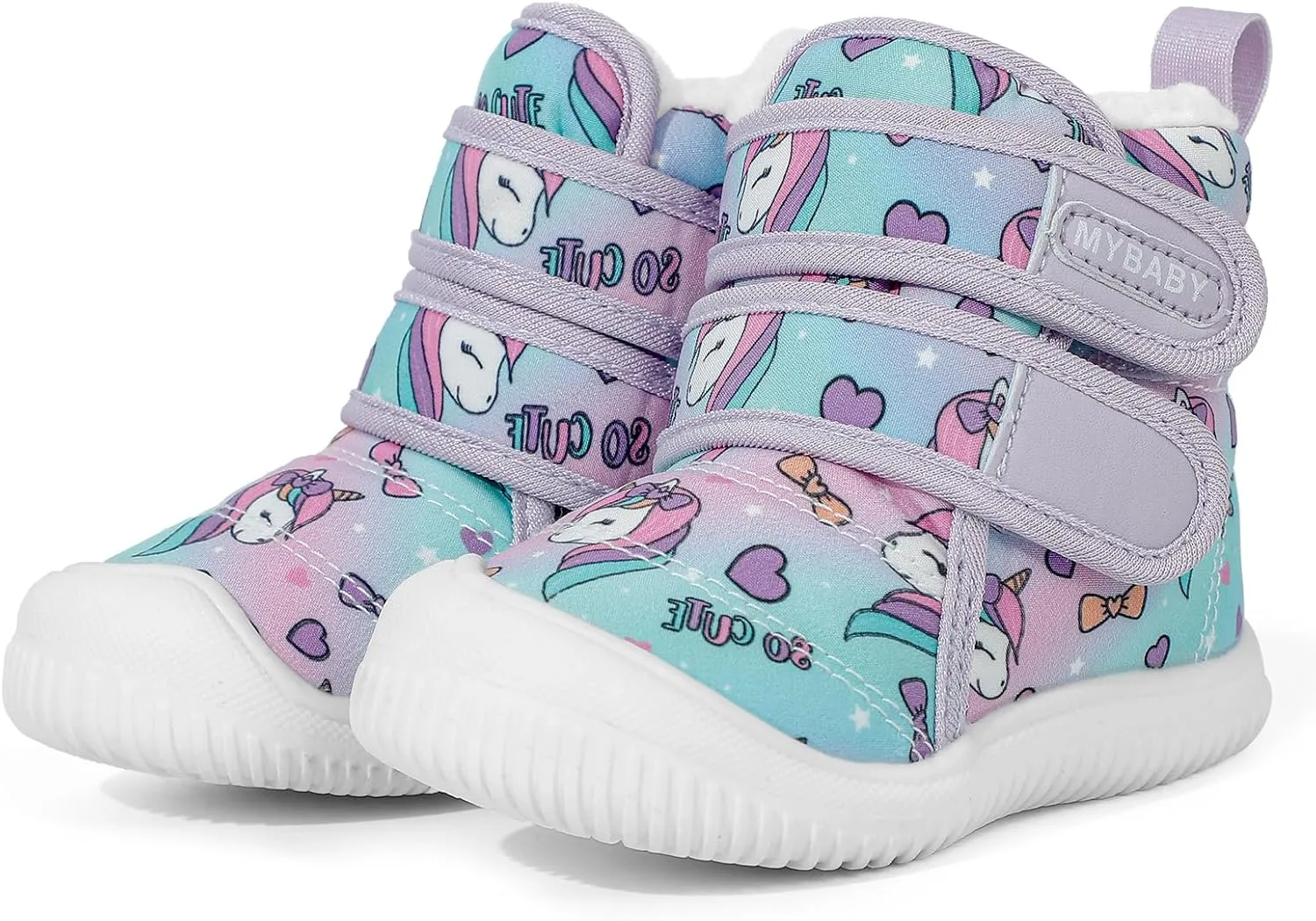 Toddler Snow Boots Double Strap Winter Warm Shoes Baby Faux Fur Lining Soft Fleece Booties with Non-Slip Sole