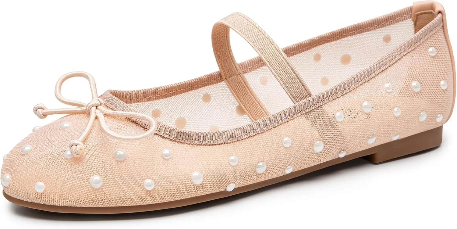 Trary Ballet Flats for Women Closed Round Toe Mary Jane Shoes Women Cute Bowknot Non-Slip Dressy Shoes Elastic Strap Comfortable Women's Flats for All-Year Daily Work Causal