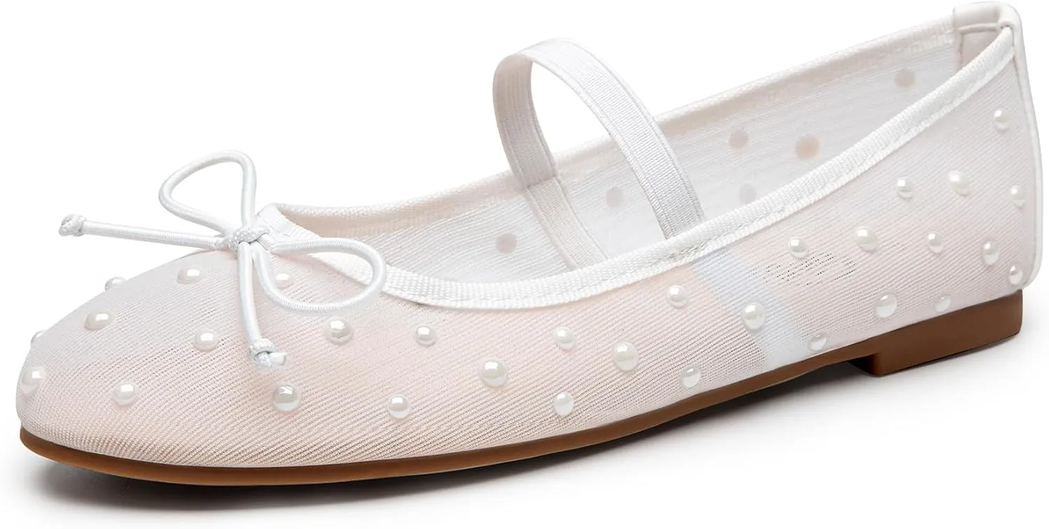 Trary Ballet Flats for Women Closed Round Toe Mary Jane Shoes Women Cute Bowknot Non-Slip Dressy Shoes Elastic Strap Comfortable Women's Flats for All-Year Daily Work Causal