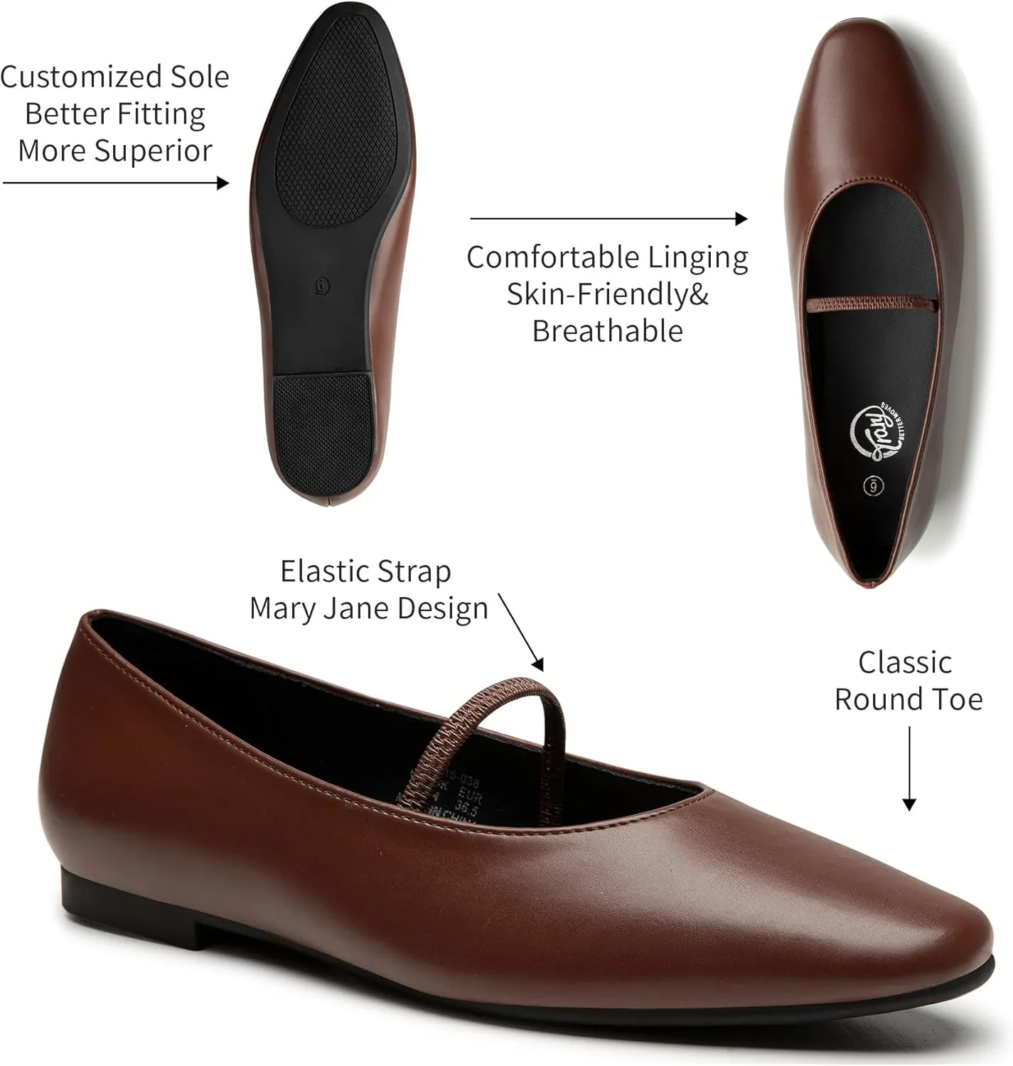 Trary Mary Jane Ballet Flats for Women - Comfortable Closed Toe Shoes With Strap