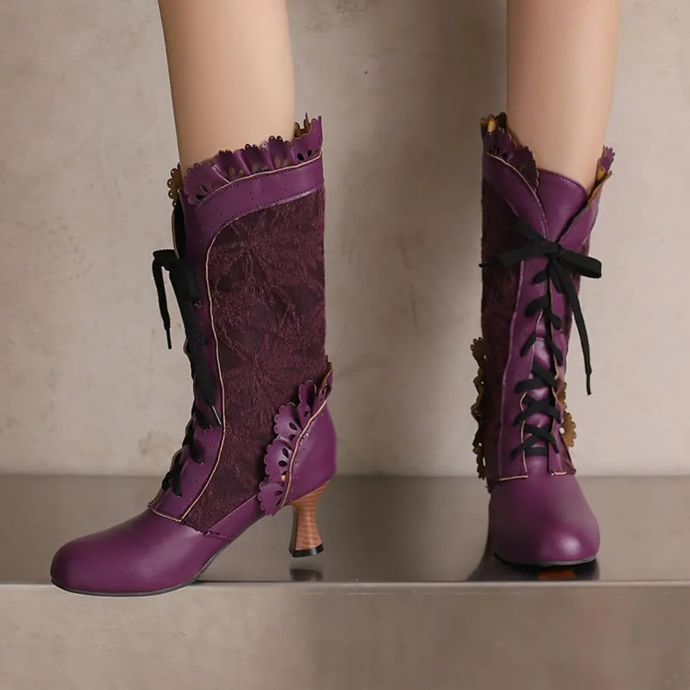 UniqueStride Women Lolita Kitten Heels Mid Calf Boots Mid Heel Sweet Bow Lace Up Cosplay Kawaii Dress Boots