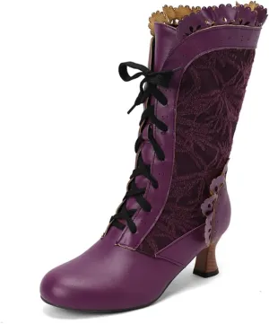 UniqueStride Women Lolita Kitten Heels Mid Calf Boots Mid Heel Sweet Bow Lace Up Cosplay Kawaii Dress Boots