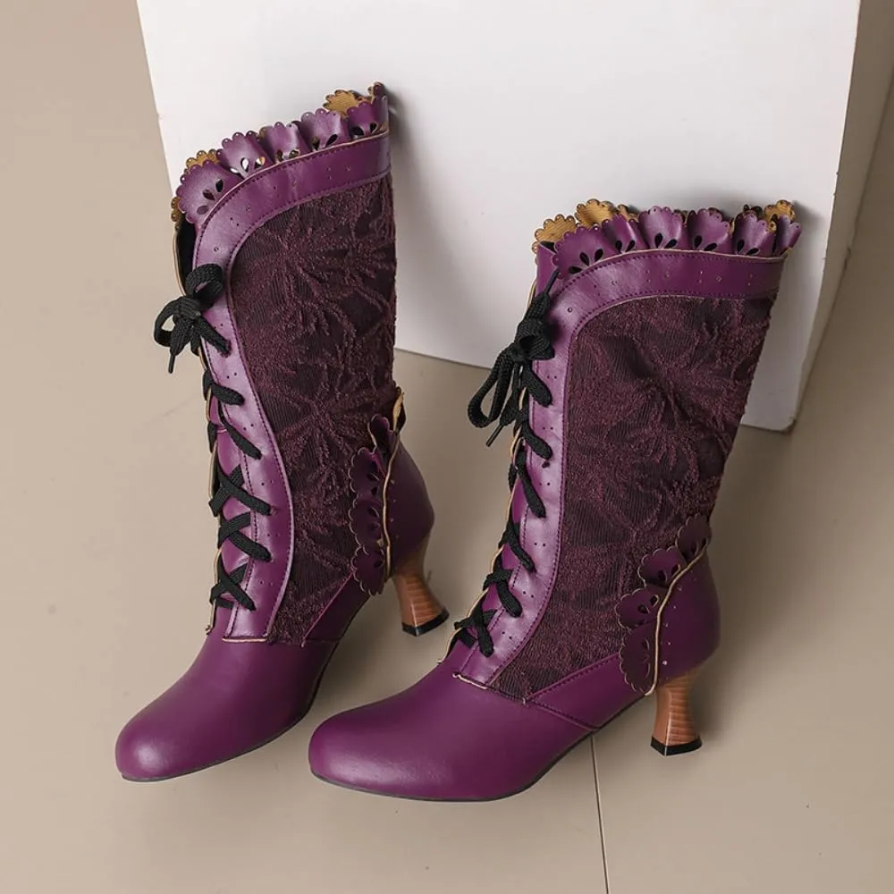 UniqueStride Women Lolita Kitten Heels Mid Calf Boots Mid Heel Sweet Bow Lace Up Cosplay Kawaii Dress Boots