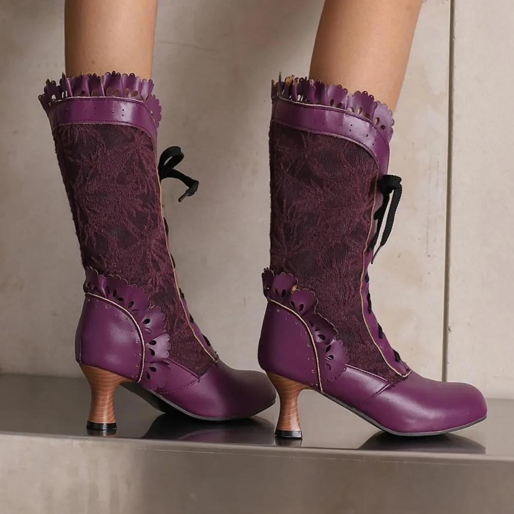 UniqueStride Women Lolita Kitten Heels Mid Calf Boots Mid Heel Sweet Bow Lace Up Cosplay Kawaii Dress Boots