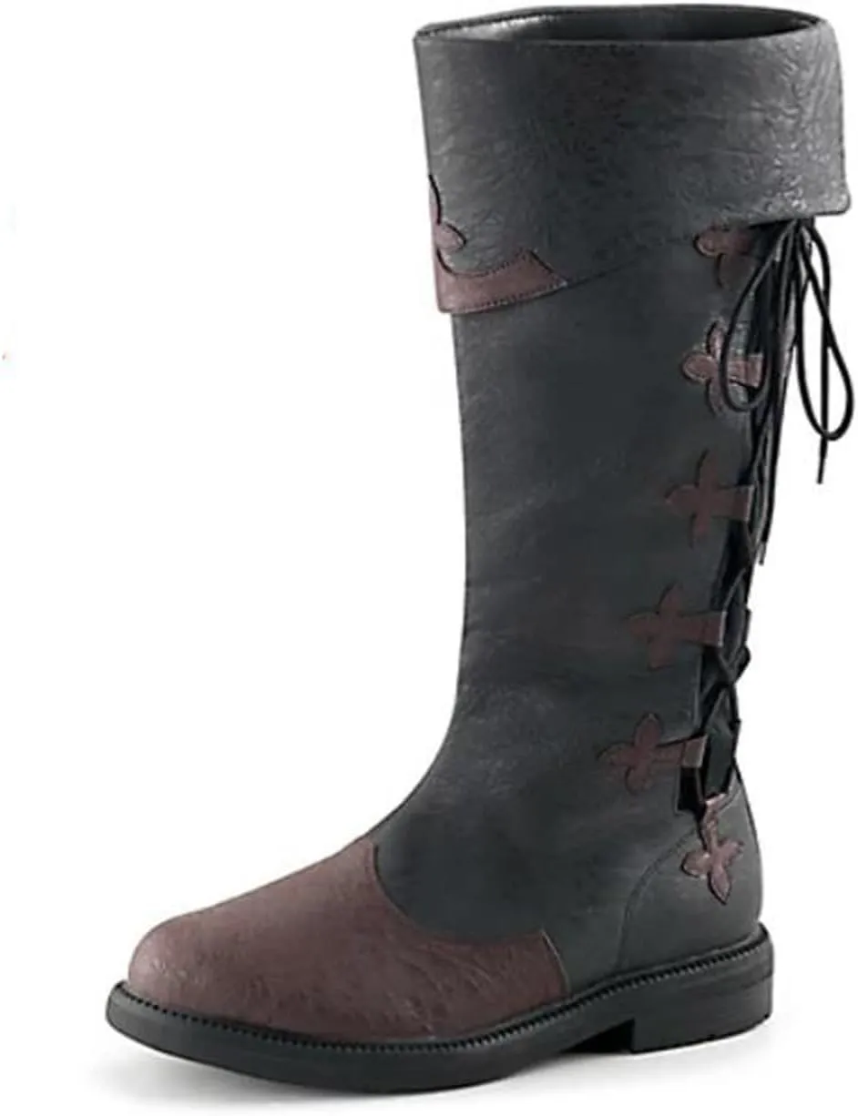 Unisex Renaissance Medieval Cosplay Halloween Cosplay Boots PU Leather Mid Calf Lace Up Leather Pirate Gothic Viking Tied Shoes