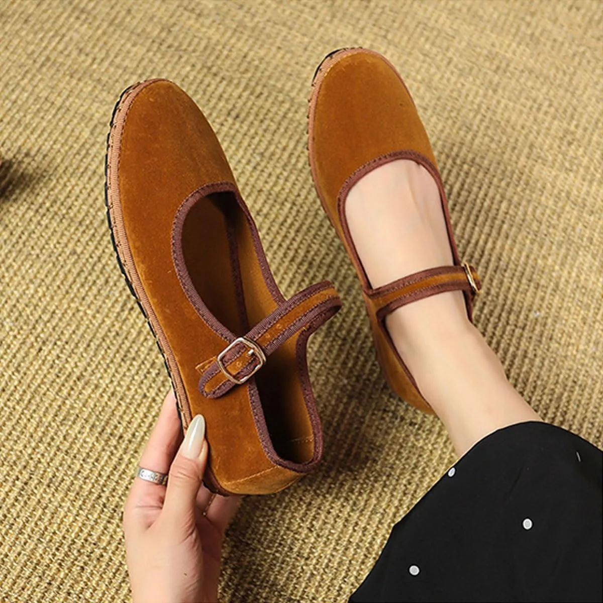 Velvet Mary Janes Women Red Ballet Flats Fall 2024 Y2k Shoes Burgundy Flat Shoes Suede Mary Jane Flats
