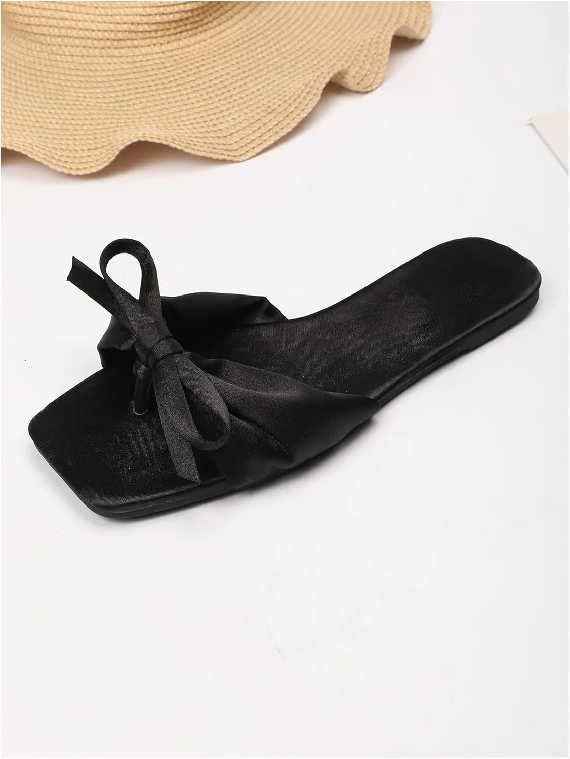 Verdusa Women's Summer Flat Sandals Square Toe Coquette Bow Sandals Slip on Slippers