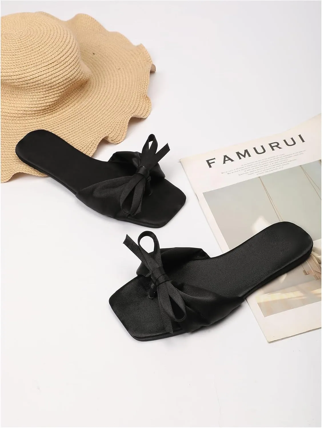 Verdusa Women's Summer Flat Sandals Square Toe Coquette Bow Sandals Slip on Slippers